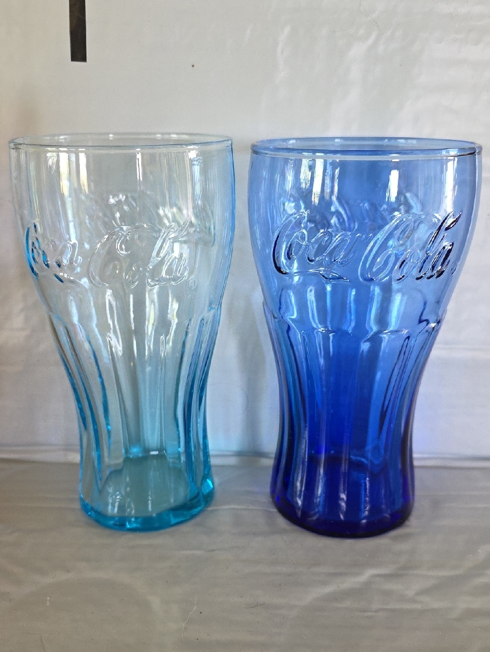 Coca- Cola 2 Vintage Lt. & Med. Blue Glasses (Like New) Reg. Trademark Beautiful